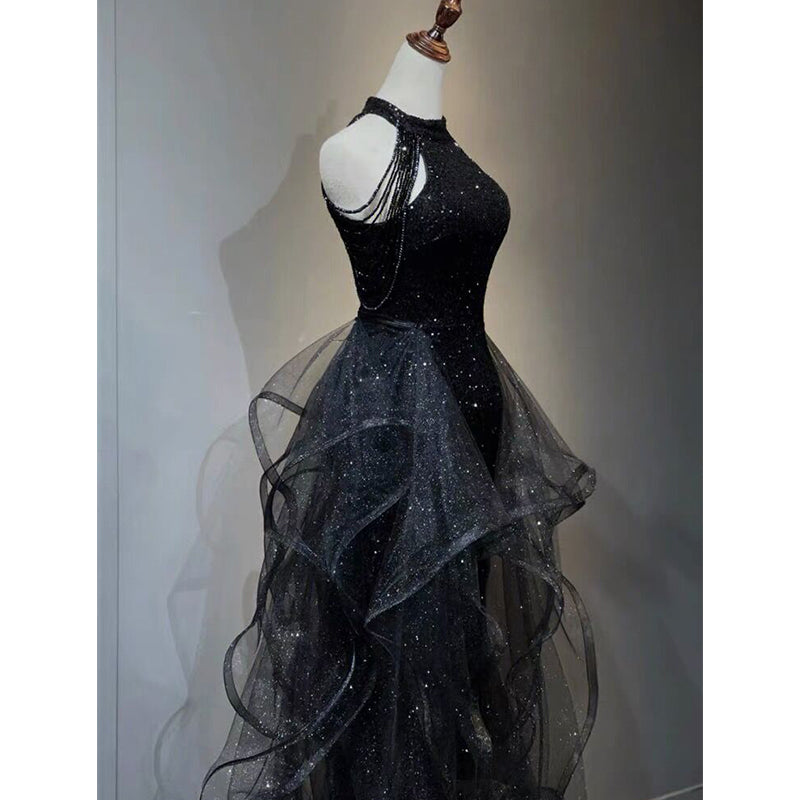 Black Halter Shiny Tulle Long Party Dress With Beadings, Black Tulle Classy Prom Dress