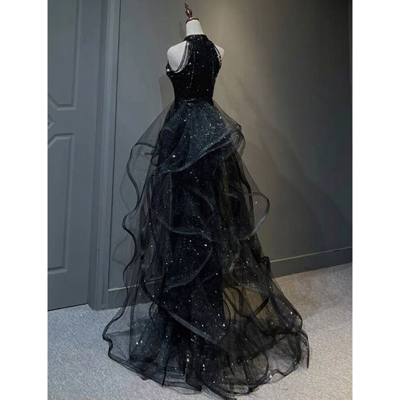 Black Halter Shiny Tulle Long Party Dress With Beadings, Black Tulle Classy Prom Dress