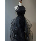 Black Halter Shiny Tulle Long Party Dress With Beadings, Black Tulle Classy Prom Dress