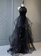 Black Halter Shiny Tulle Long Party Dress With Beadings, Black Tulle Classy Prom Dress