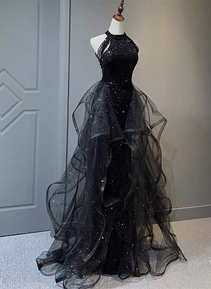 Black Halter Shiny Tulle Long Party Dress With Beadings, Black Tulle Classy Prom Dress