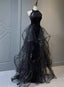 Black Halter Shiny Tulle Long Party Dress With Beadings, Black Tulle Classy Prom Dress