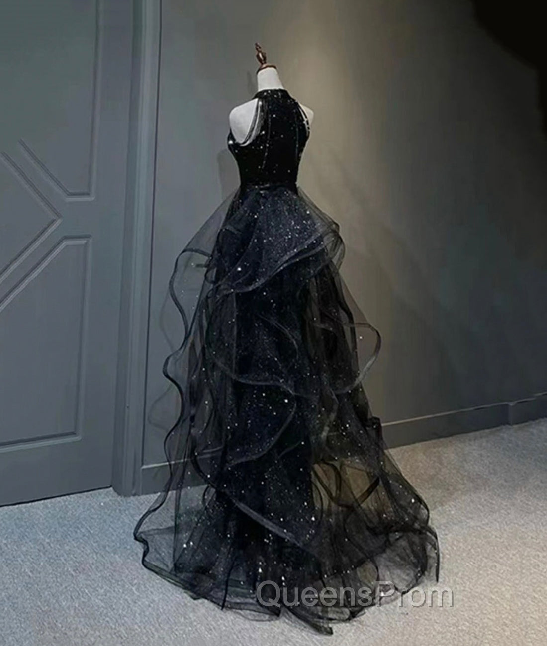 Black Halter Shiny Tulle Long Evening Prom Dress, Black Tulle Evening Dress with Sequins Secondary image