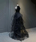Black Halter Shiny Tulle Long Evening Prom Dress, Black Tulle Evening Dress with Sequins