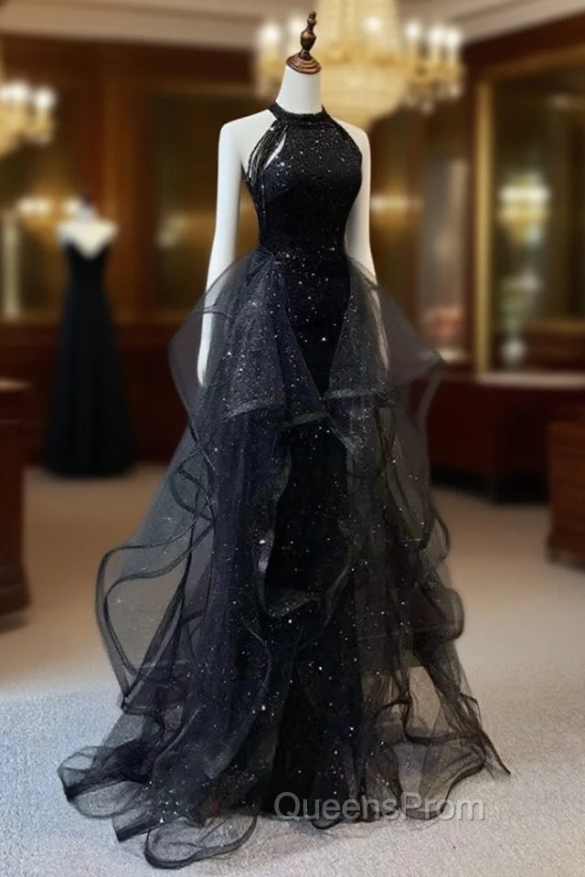 Black Halter Shiny Tulle Long Evening Prom Dress, Black Tulle Evening Dress with Sequins Main image
