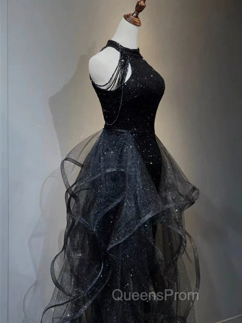 Black Halter Tulle Layers Long Evening Prom Dress with Sequins, Black Party Dress Secondary image