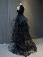 Black Halter Tulle Layers Long Evening Prom Dress with Sequins, Black Party Dress