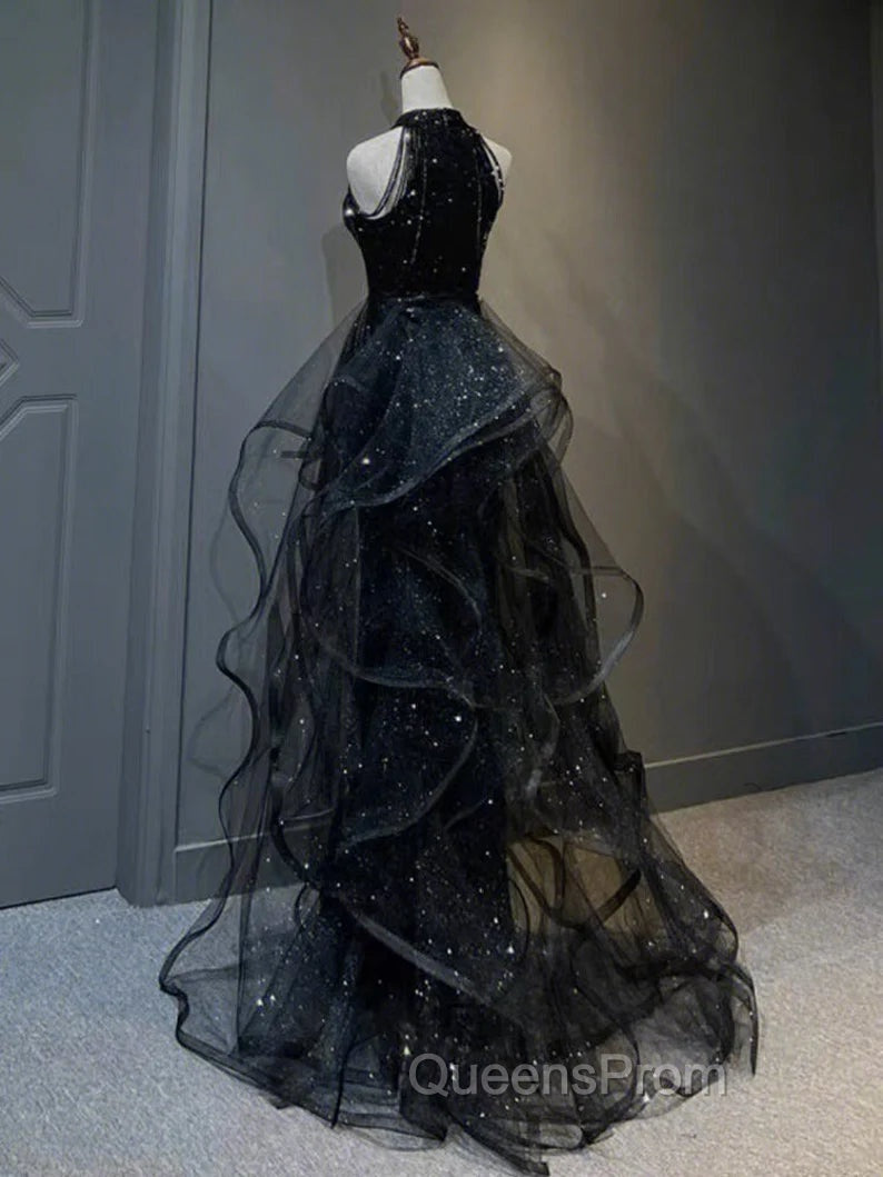 Black Halter Tulle Layers Long Evening Prom Dress with Sequins, Black Party Dress