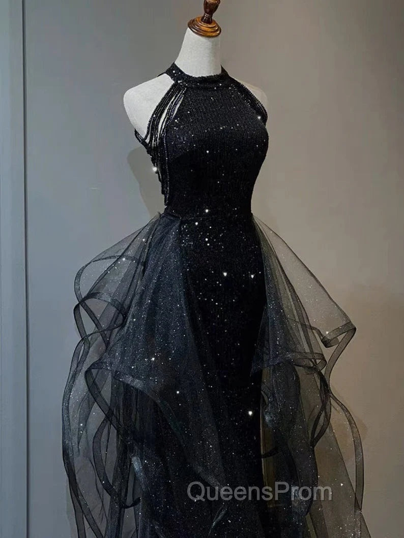 Black Halter Tulle Layers Long Evening Prom Dress with Sequins, Black Party Dress