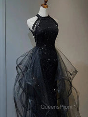 Black Halter Tulle Layers Long Evening Prom Dress with Sequins, Black Party Dress