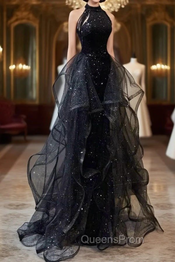 Black Halter Tulle Layers Long Evening Prom Dress with Sequins, Black Party Dress Main image