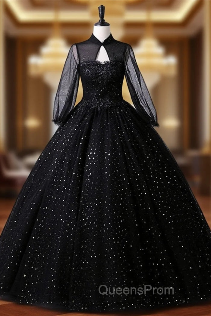 Black High Neckline Long Sleeves Tulle Sweet 16 Dress, Black Ball Gown Evening Dress