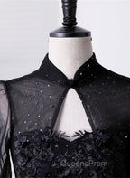 Black High Neckline Long Sleeves Tulle Sweet 16 Dress, Black Ball Gown Evening Dress