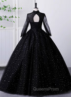 Black High Neckline Long Sleeves Tulle Sweet 16 Dress, Black Ball Gown Evening Dress