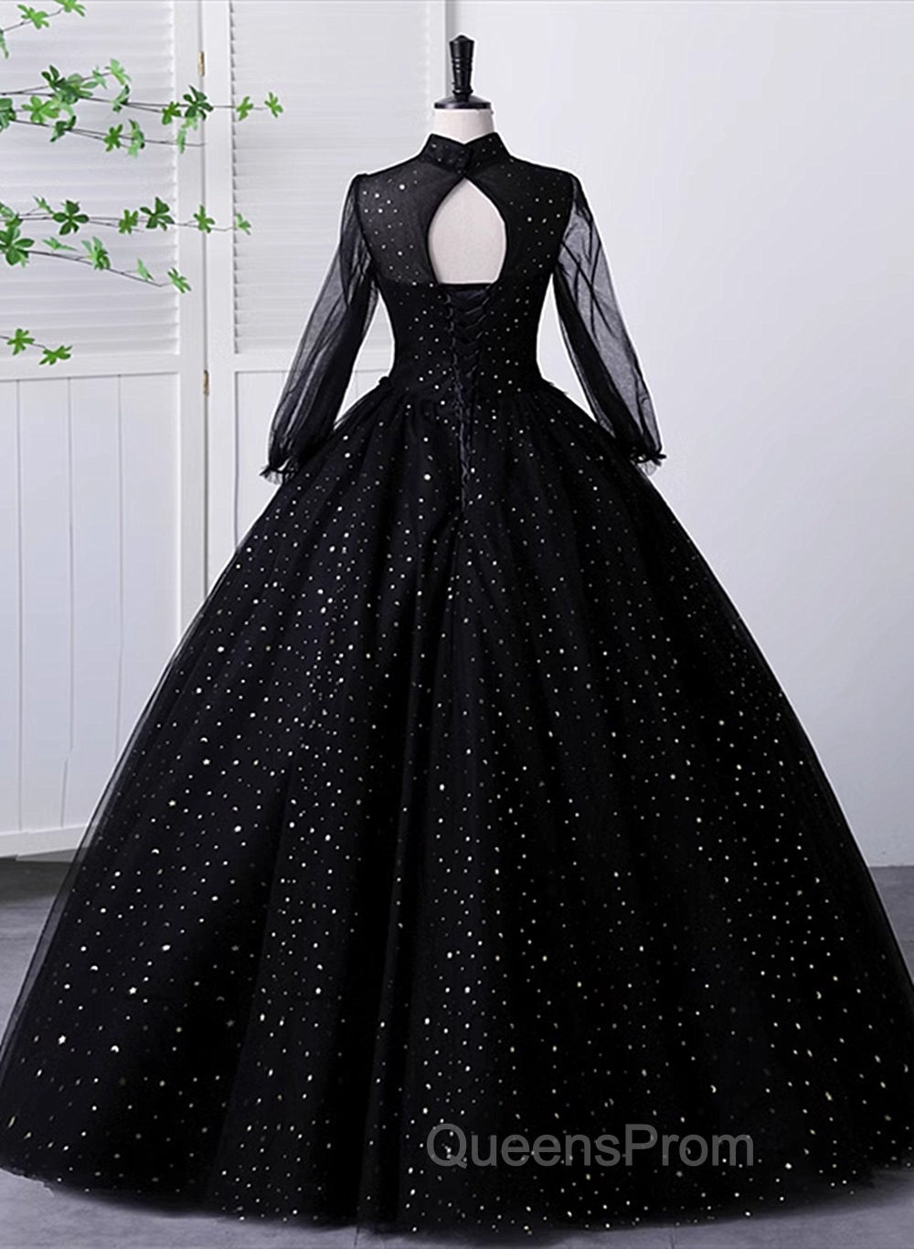 Black High Neckline Long Sleeves Tulle Sweet 16 Dress, Black Ball Gown Evening Dress