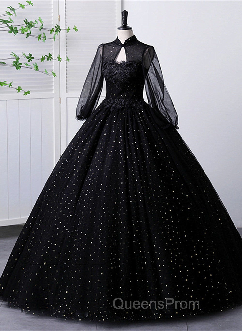 Black High Neckline Long Sleeves Tulle Sweet 16 Dress, Black Ball Gown Evening Dress Secondary image