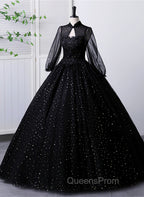 Black High Neckline Long Sleeves Tulle Sweet 16 Dress, Black Ball Gown Evening Dress
