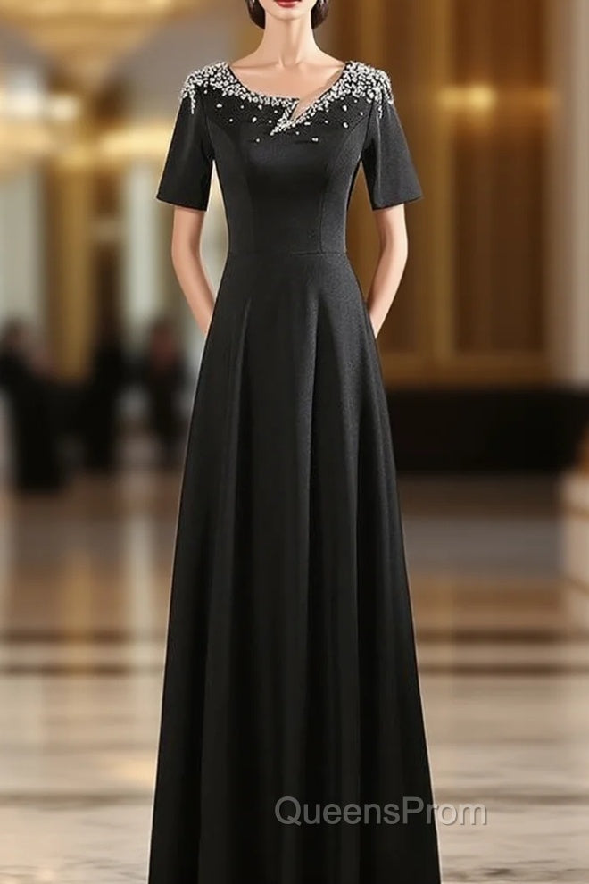 Black Irregular Neck Short Sleeve Crystal Evening Prom Dress