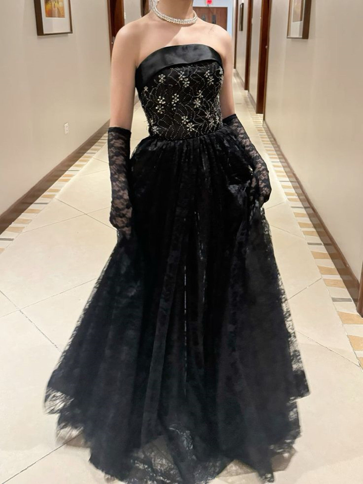 Black Lace A-Line Strapless Beaded Long Classy Dress, Black Floor Length Classy Evening Dress Secondary image