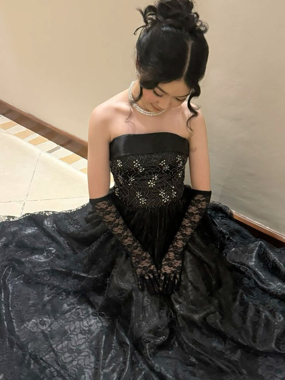 Black Lace A-Line Strapless Beaded Long Classy Dress, Black Floor Length Classy Evening Dress