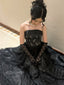 Black Lace A-Line Strapless Beaded Long Classy Dress, Black Floor Length Classy Evening Dress