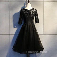 Black Lace and Tulle Short Sleeves Party Dress Evening Dress, Black Homecoming Dress