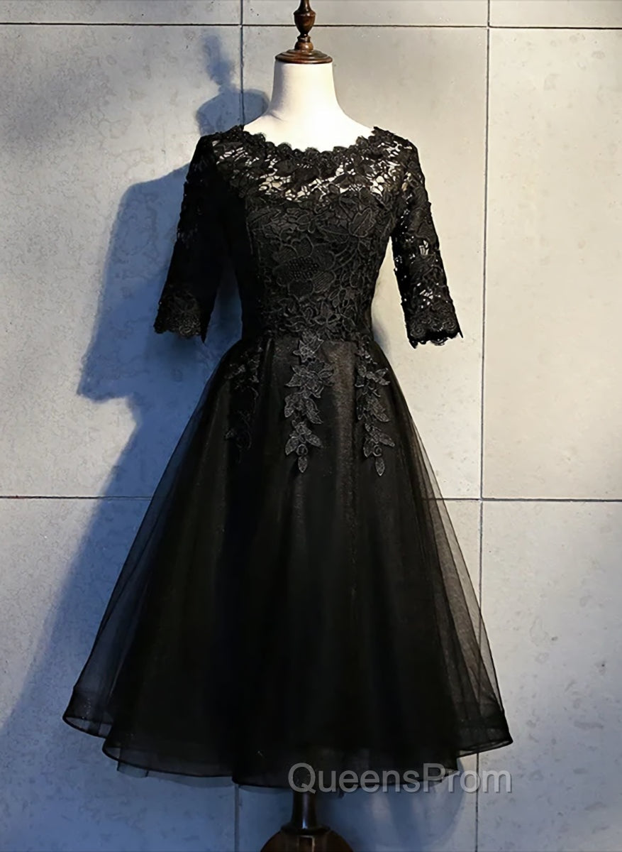 Black Lace and Tulle Short Sleeves Party Dress Evening Dress, Black Homecoming Dress Main image