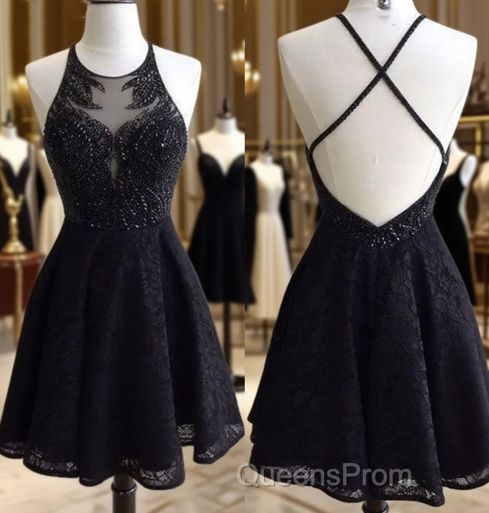 Black Lace Beaded Short Evening Prom Dress, Cute Black Homecoming Dress