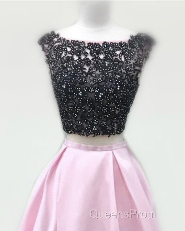 Black Lace Beaded Two Piece Satin Evening Prom Dress