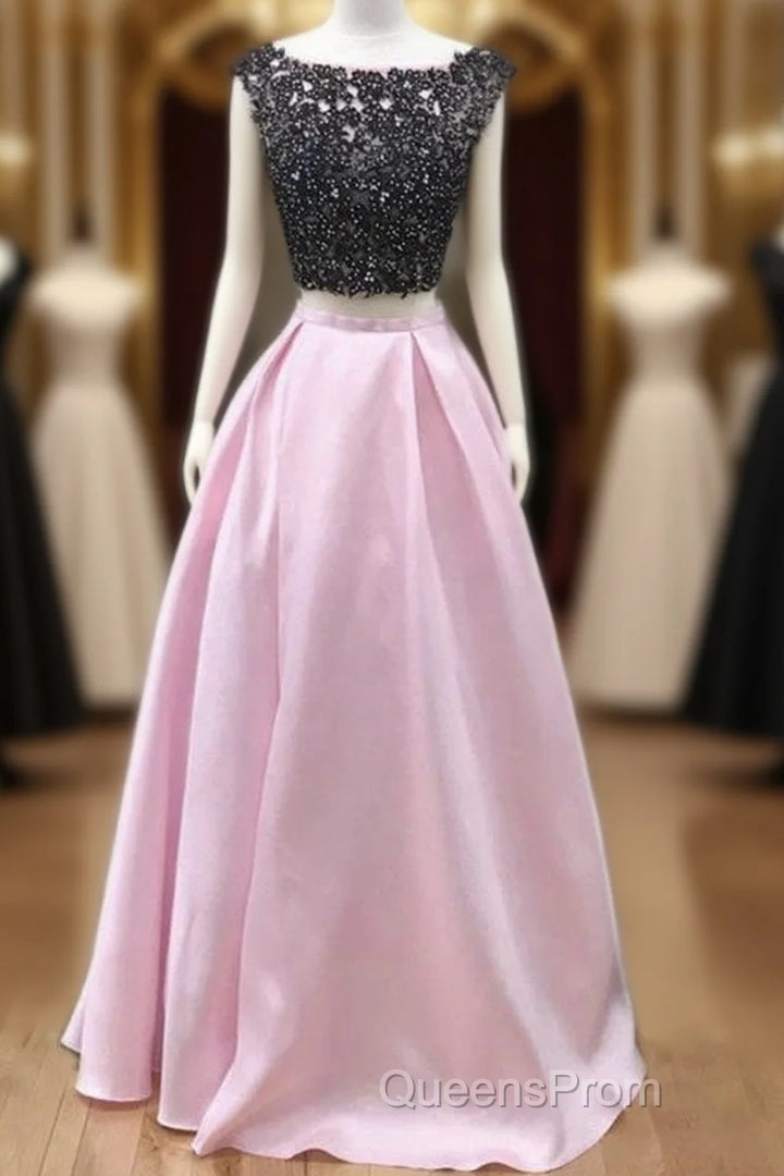 Black Lace Beaded Two Piece Satin Evening Prom Dress Main image