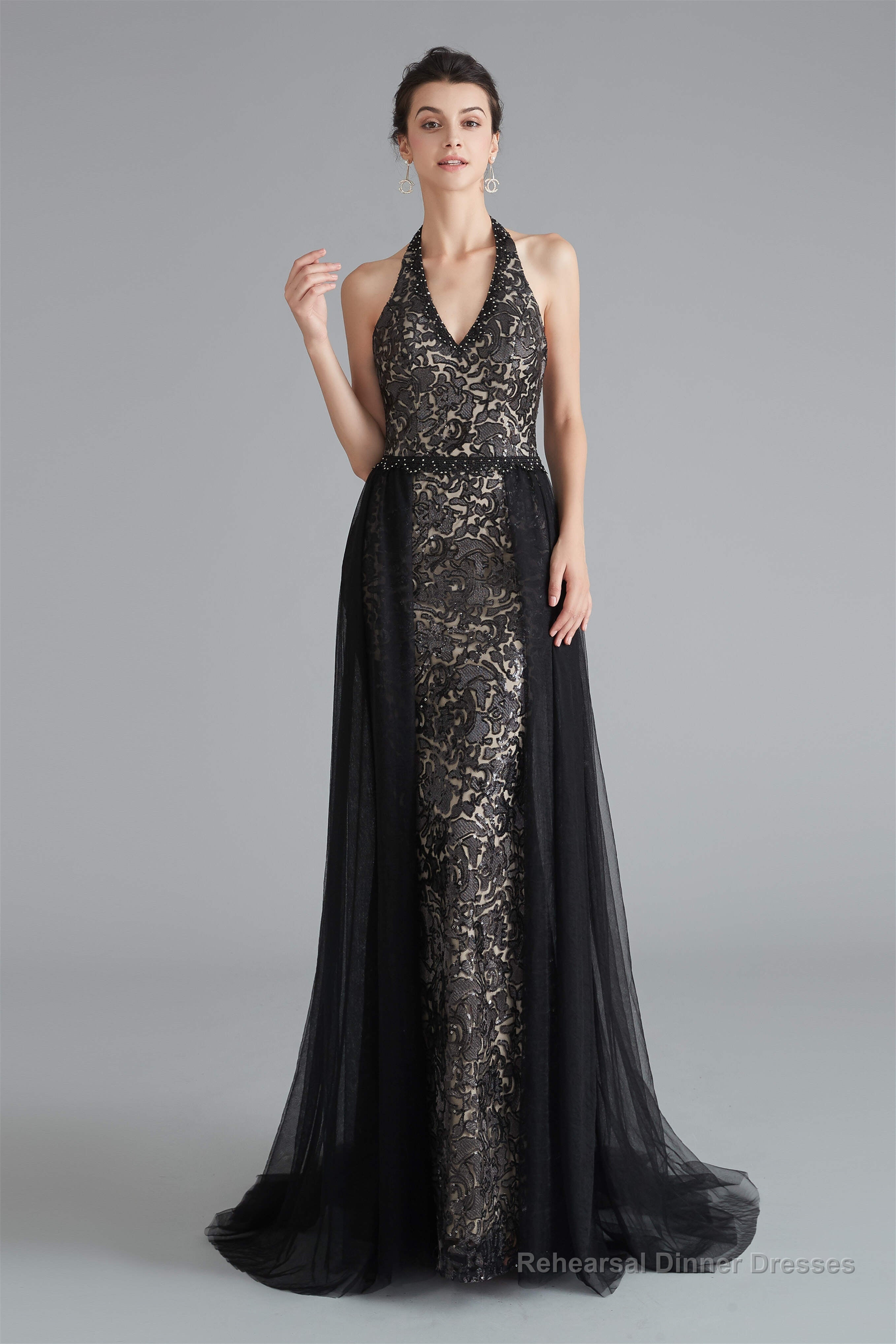 Black Lace Halter Prom Dresses with Tulle Overskirt Main image