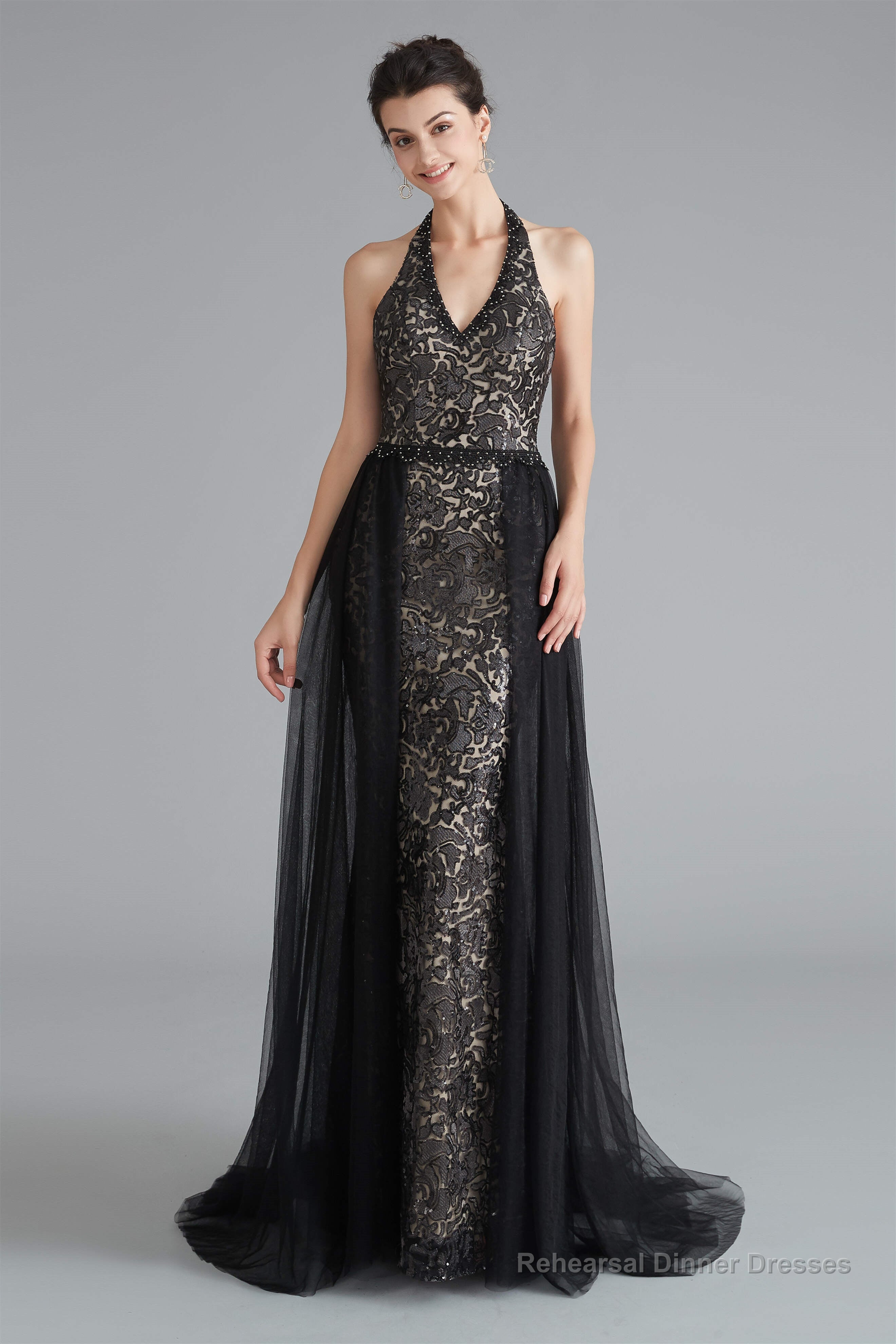 Black Lace Halter Prom Dresses with Tulle Overskirt Secondary image