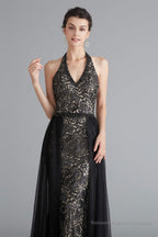Black Lace Halter Prom Dresses with Tulle Overskirt
