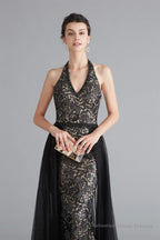 Black Lace Halter Prom Dresses with Tulle Overskirt