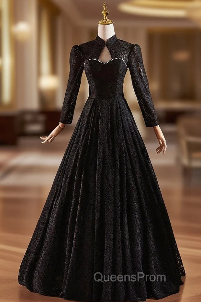 Black Lace Long Sleeve Backless Evening Prom Dress