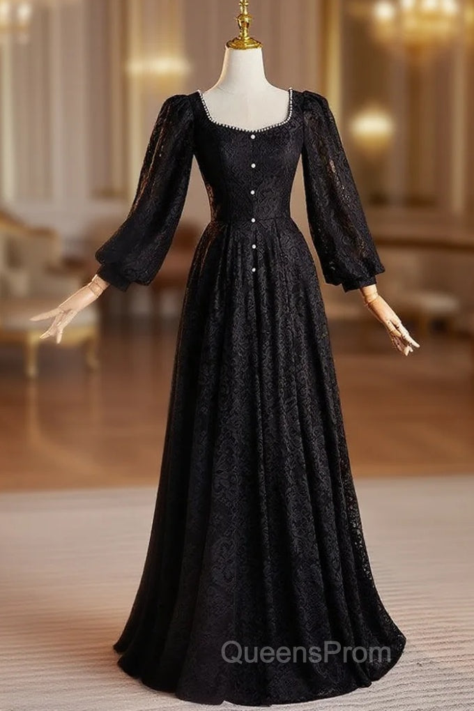 Black Lace Long Sleeve Square Neck Pearls Evening Prom Dress