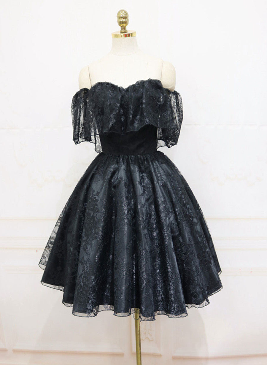Black Lace Off Shoulder Homecoming Dress, Black Short Classy Prom Dress Main image