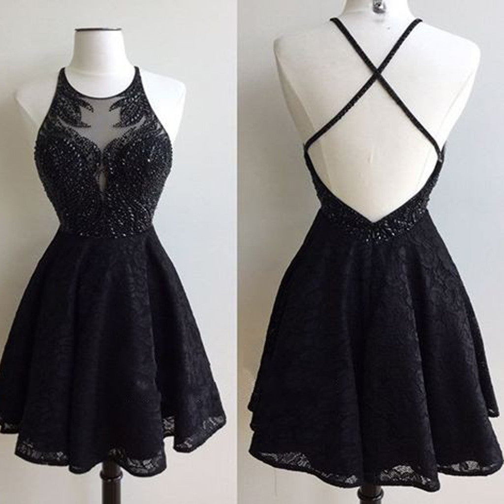 Black Lace Open Back Beaded Sexy Prom homecoming Classy Prom Dress