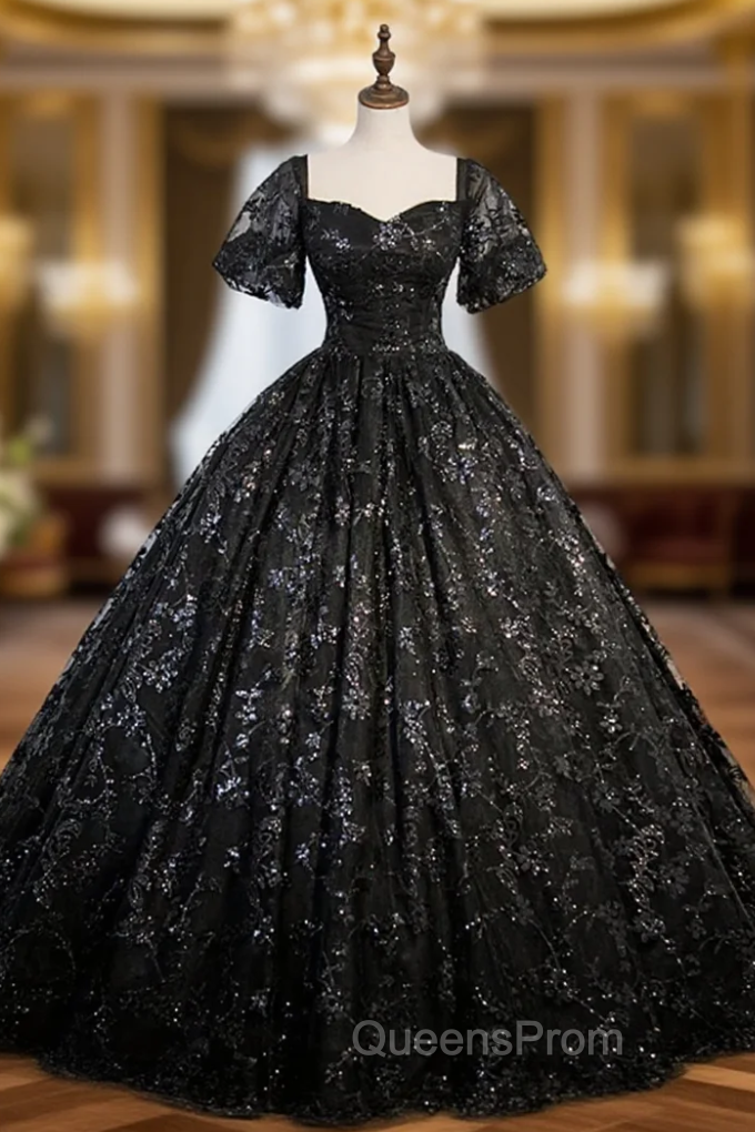 Black Lace Sequins Puff Sleeve Quinceanera Dress