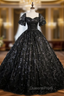 Black Lace Sequins Puff Sleeve Quinceanera Dress