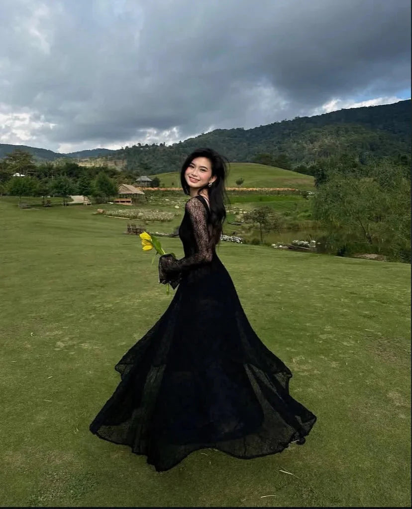 Black Lace Sexy A Line Long Sleeve Classy Evening Dress Classy Prom Dress Classy Gown
