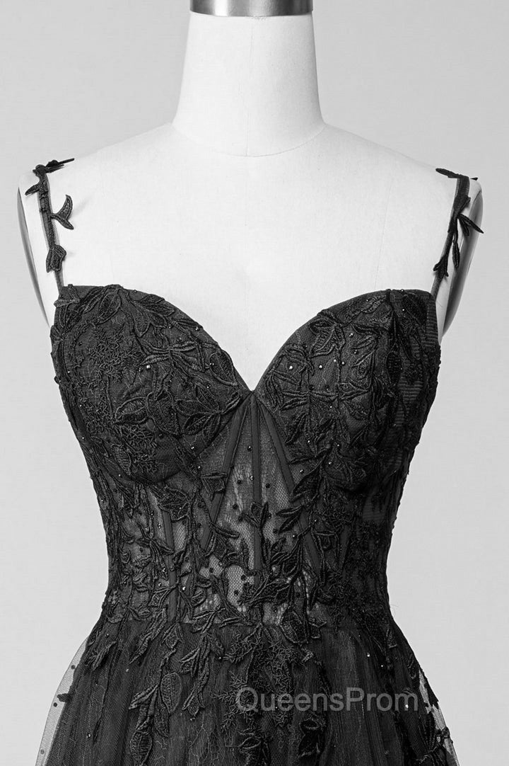 Black Lace Straps Beaded A-line Evening Prom Dress Party Dress, Black Floor Length Evening Dress