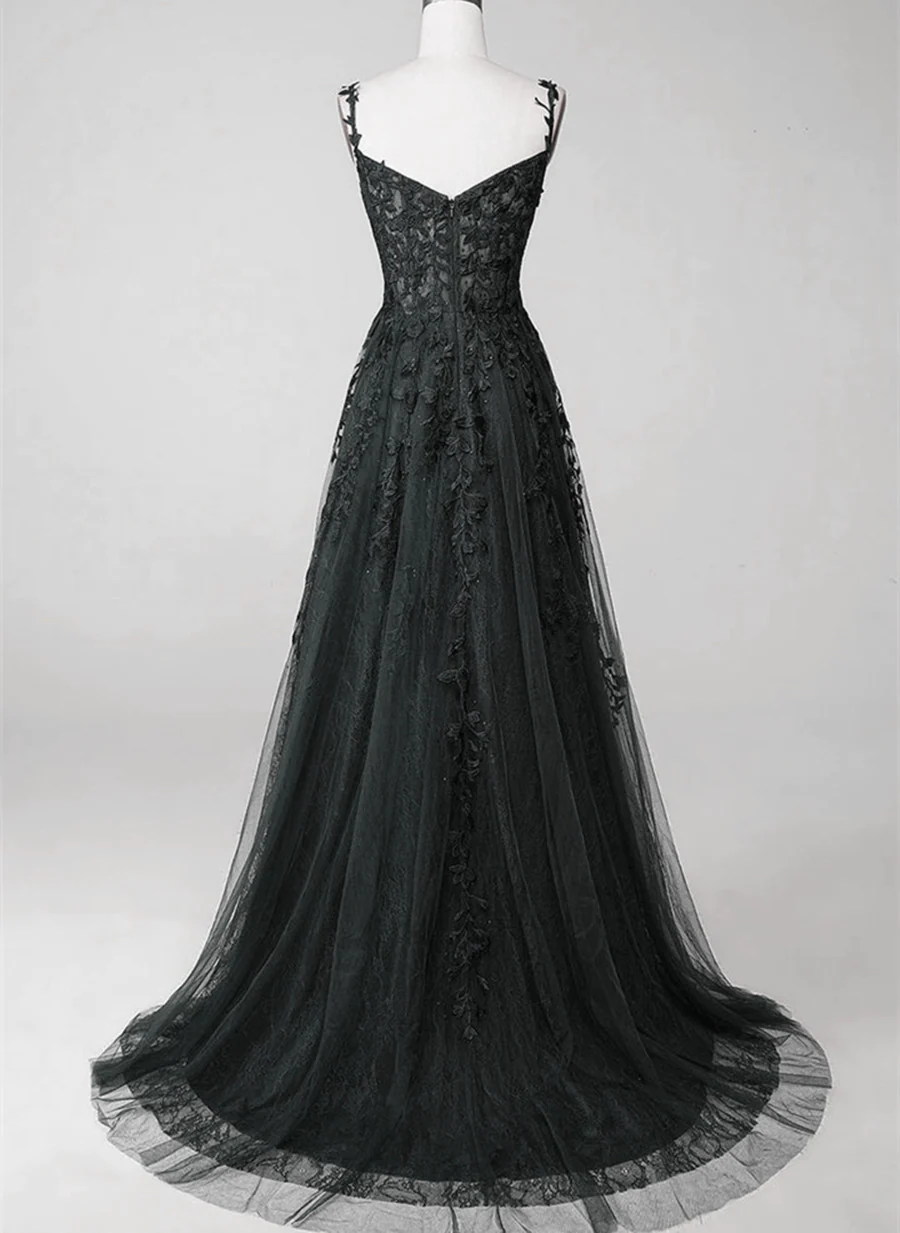 Black Lace Straps Beaded A-Line Classy Prom Dress Party Dress, Black Floor Length Classy Dress