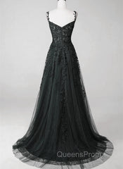 Black Lace Straps Beaded A-line Evening Prom Dress Party Dress, Black Floor Length Evening Dress