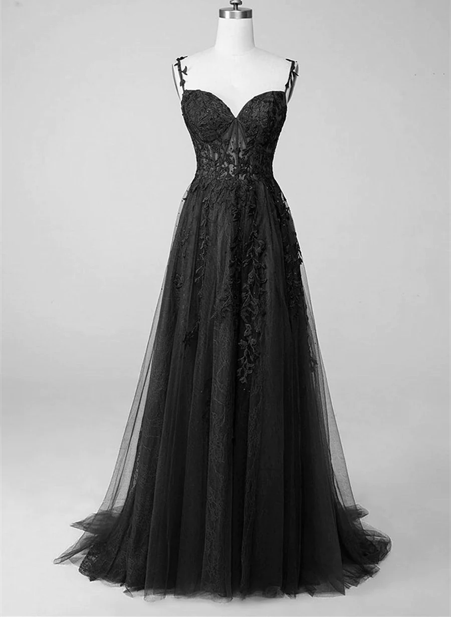 Black Lace Straps Beaded A-Line Classy Prom Dress Party Dress, Black Floor Length Classy Dress