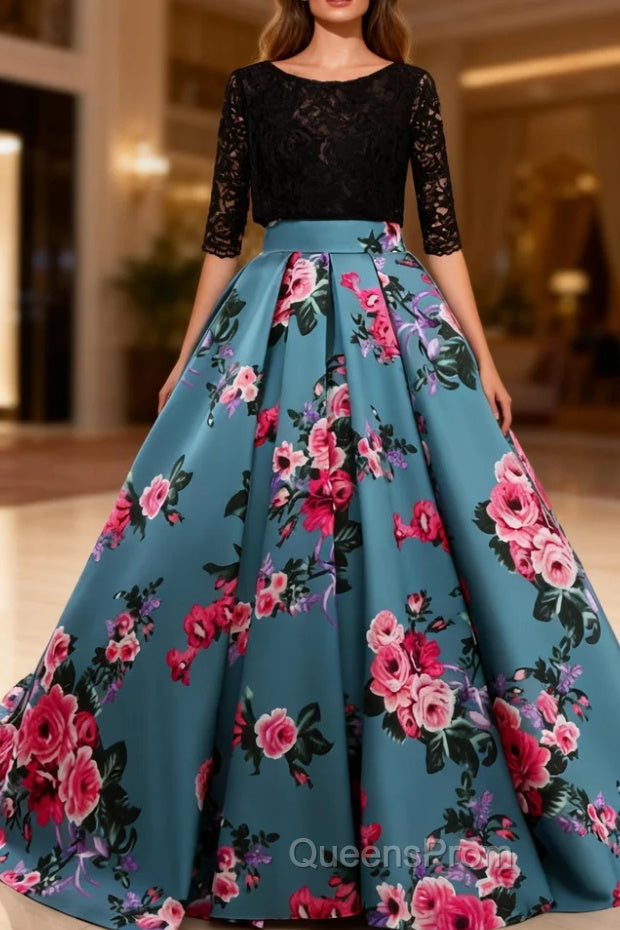 Black Lace Three Quarters Sleeve Print Backless Party Dress