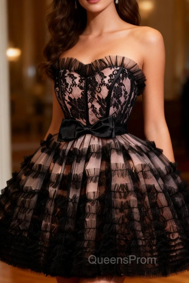 Black Lace Tulle Backless Homecoming Dress Main image
