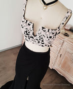 Black Lace Two Pieces Long Prom Dress, Black Evening Dress with Lace Beading