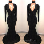 Black Lace V-Neck Evening Prom Party Gowns| Mermaid Long-Sleeve Evening Gowns