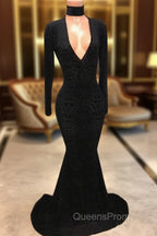 Black Lace V-Neck Evening Prom Party Gowns| Mermaid Long-Sleeve Evening Gowns